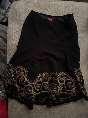 Black flare Skirt with Gold Embroidery - Elegant Women's Skirt